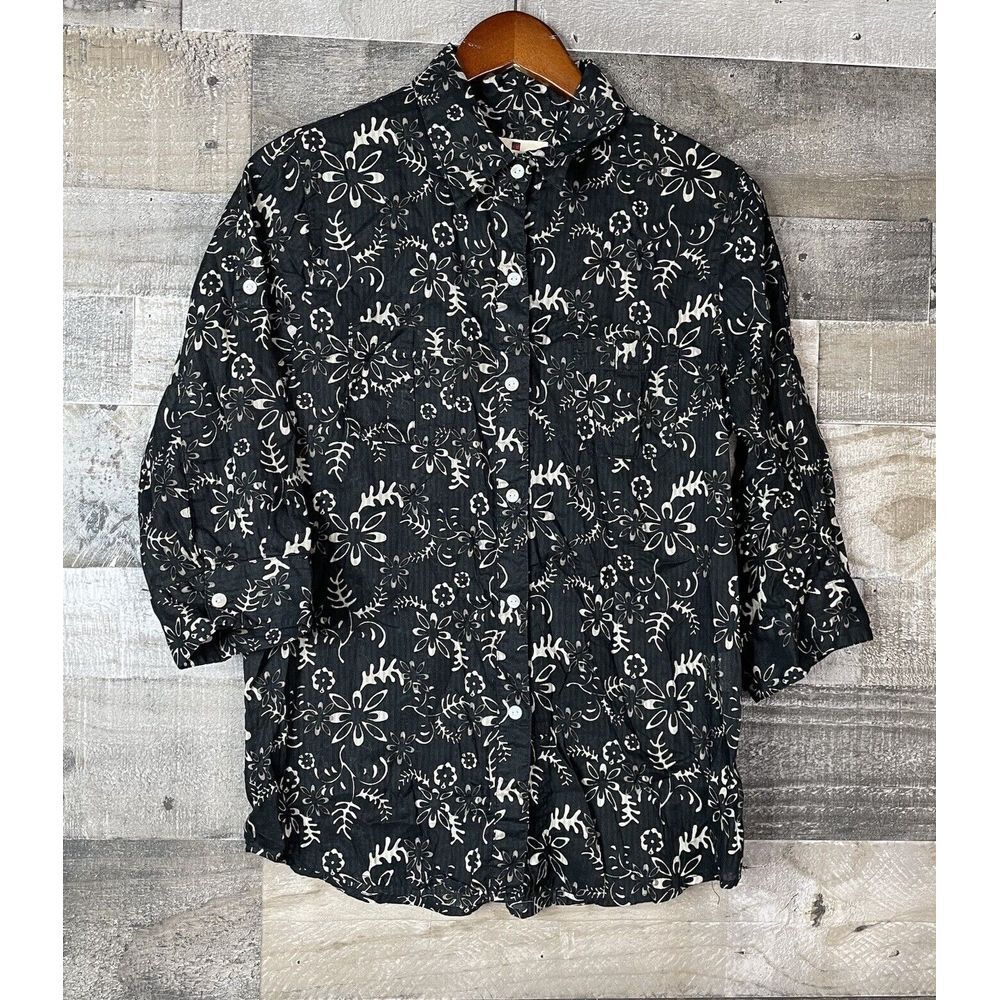 Woolrich Women's Sz M Black Floral 3/4 Roll Tab Sleeve Semi Sheer Button Front